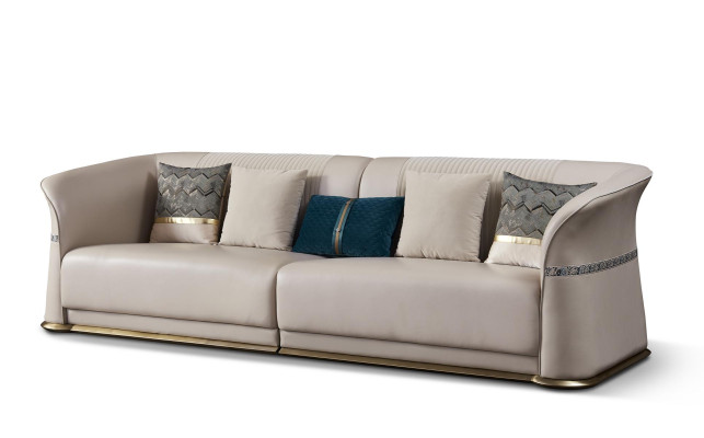 Hellbeige Wohnzimmer Couchgarnitur Luxuriöse 3+2 Sitzer Ledersofa Set 