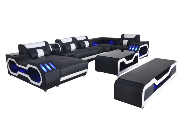 Leder Sofas Eck Garnitur Design Sofa Wohnlandschaft + Couch Tisch + RTV USB Neu