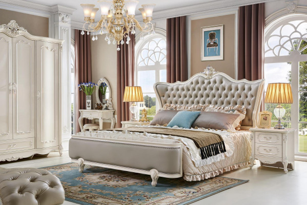 Luxus Schlafzimmer Bett Doppelbett Barock Rokoko Echtholz Leder Polster Betten