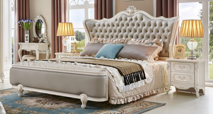Luxus Schlafzimmer Bett Doppelbett Barock Rokoko Echtholz Leder Polster Betten