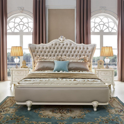 Luxus Schlafzimmer Bett Doppelbett Barock Rokoko Echtholz Leder Polster Betten