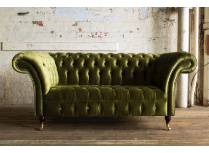 Klassische Sofa 2 Sitzer Chesterfield Couch Textil Samt Kristalle Grün Samt Neu