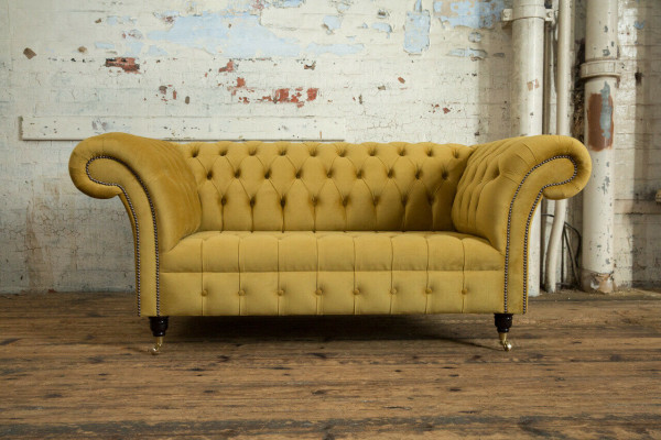 Chesterfield Sofa 2 Sitzer Polster Designer Couchen Sofas Garnitur Gelb Samt Neu