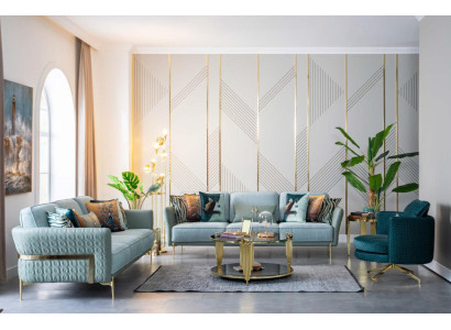 Villen Möbel Sitz Polster Garnitur Sofagarnitur Couch Set Turkis Textil Stoff