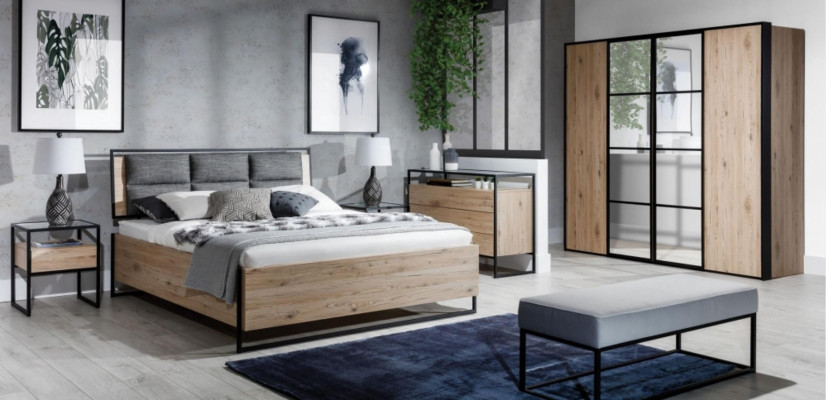 Schlafzimmer Set Beige Bett 2x Nachttische Kommode Kleiderschrank Neu 5tlg.