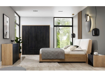 Schlafzimmer Set Beige Bett 2x Nachttische Kommode Kleiderschrank Modern 5tlg.