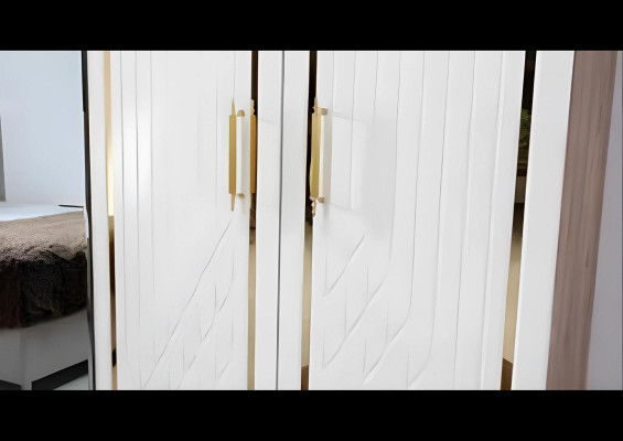 Weiß-Goldene Schlafzimmer Garnitur Schlafbett Kleiderschrank Kommode