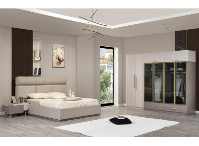 Garnitur Schlafzimmer Doppelbett Nachttische Kleiderschrank Beige 4tlg