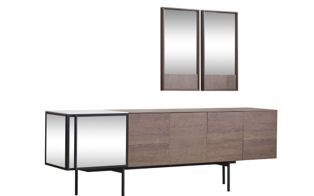 Braune Esszimmer Garnitur Designer Holz Sideboard Luxus Spiegel 2tlg