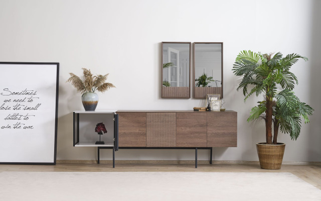Braune Esszimmer Garnitur Designer Holz Sideboard Luxus Spiegel 2tlg