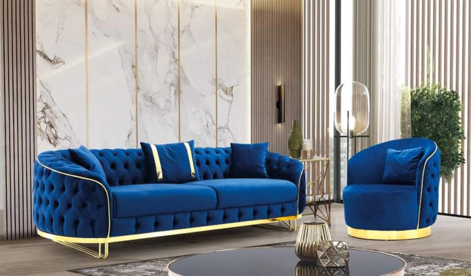 Blauer Chesterfield Sessel Wohnzimmer Rundsessel Designer Einsitzer
