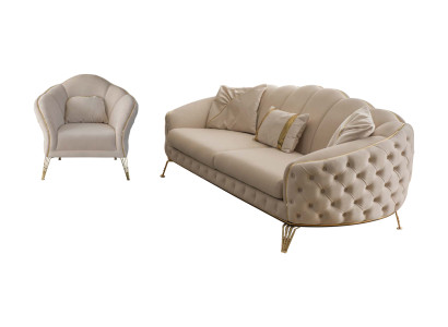 Modern Beige Wohnzimmer Set  Sofa 3 Sitzer Sessel Textil Sessel Wohnzimmer