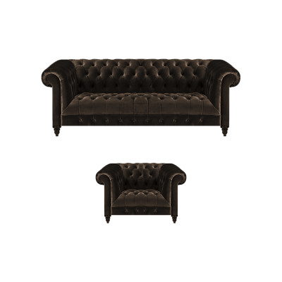 Braune Chesterfield Polster Garnitur Designer 3-Sitzer Textil Sessel 2tlg