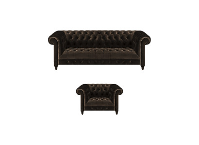 Braune Chesterfield Polster Garnitur Designer 3-Sitzer Textil Sessel 2tlg