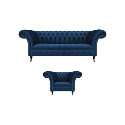 Blaue Chesterfield Garnitur Designer Dreisitzer Stoffsessel 2tlg Möbel