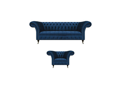 Blaue Chesterfield Garnitur Designer Dreisitzer Stoffsessel 2tlg Möbel