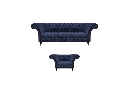 Blaue Chesterfield Stoffgarnitur Wohnzimmer Polster Sitzmöbel 2tlg Set