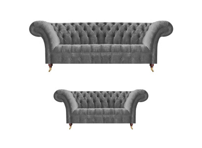 Wohnzimmer Graue Chesterfield Sofas Komplettes Set 3-Sitzer Zweisitzer