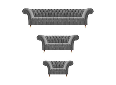 Edle Chesterfield Sofagarnitur Grauer Textil Viersitzer Polster Sessel