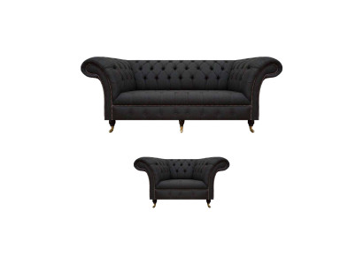 Chesterfield Schwarze Stoffgarnitur Designer 3-Sitzer Polstersessel 2tlg