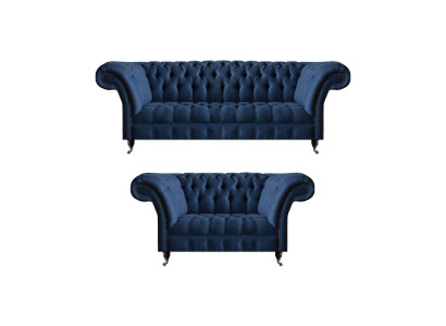 Blaue Sofagarnitur Chesterfield Textil Couchen Dreisitzer Zweisitzer 2tlg
