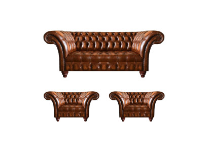 Braune Wohnzimmer Chesterfield Garnitur 2x Ledersessel Edler Dreisitzer