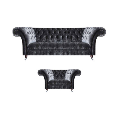 Chesterfield Polstermöbel Wohnzimmer Textil Dreisitzer Edler Sessel 2tlg