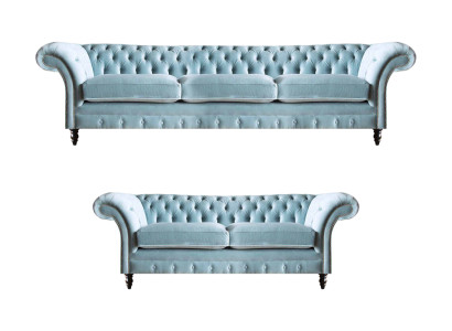 Stilvolle Hellblaue Chesterfield Designer Garnitur Dreisitzer 2-Sitzer