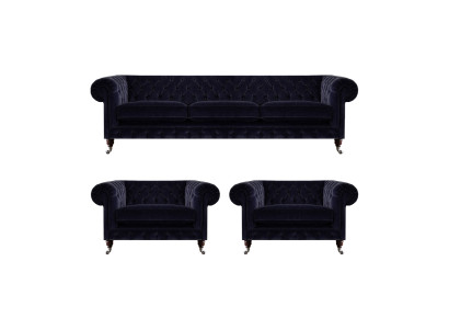 Blaue Chesterfield Couchgarnitur Designer 3-Sitzer 2x Polstersessel 3tlg