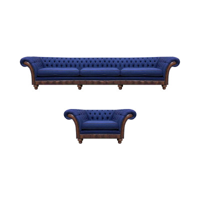 Blaue Chesterfield Polstermöbel Designer 3-Sitzer Sofa Stoffsessel 2tlg