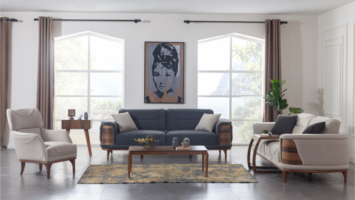 Zwei dunkelgraue Sofas im modernen Stil mit Holzbeinen für ein Wohnzimmer