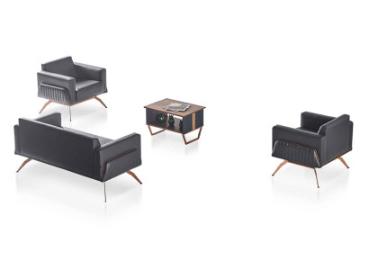 Arbeitszimmer Set 4tlg 3-Sitzer 2x Sessel Couchtisch Grau Einfarbig Stil
