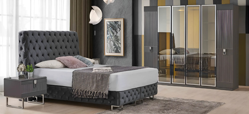 Grauer Designer Nachttisch Schlafzimmer Luxuriöse Holz Nachtkästchen