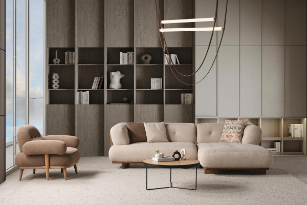 Schicke Beige-Braune Sofagarnitur Stilvolles Ecksofa Textilsessel 2tlg