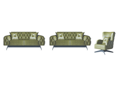 Sofa-Set Chesterfield 3-Sitzer 2-Sitzer Leder Holz Sessel Grün Klassisch