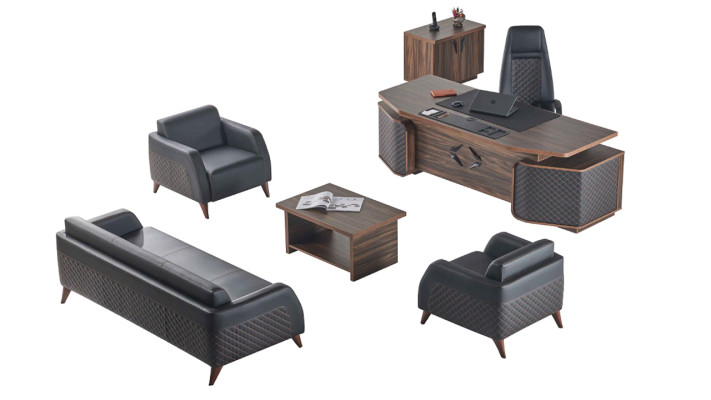 Modern Komplett  Arbeitszimmer-Set Schreibtisch Sofas Braun Schwarz Leder
