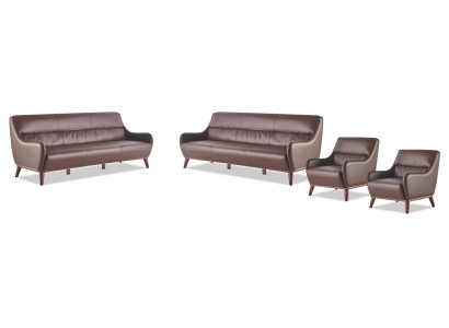 Ledersofas Komplett 3-Sitzer 2x Sessel Klassisch Braun Leder Holz Couch