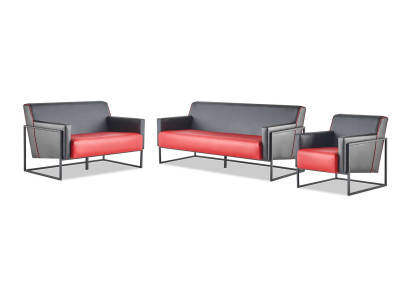 Sofa-Set 3-Sitzer 2-Sitzer Sessel Schwarz Rot Modern Leder Ledersofas