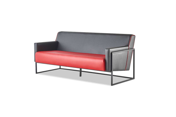 Komplett-Set 3-Sitzer Sessel Schwarz Rot Sofa-Set Leder Edelstahl Holz