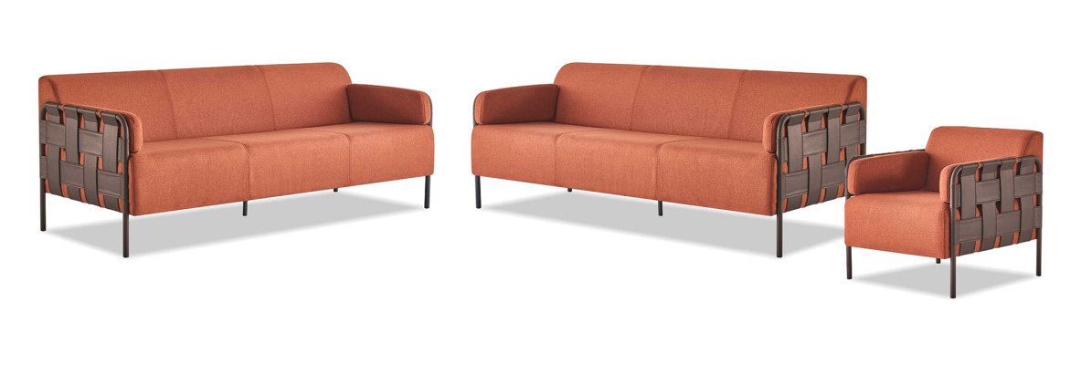 Ledersofas-Set Modern Komplett Sofas 3-Sitzer Sessel Orange Edelstahl
