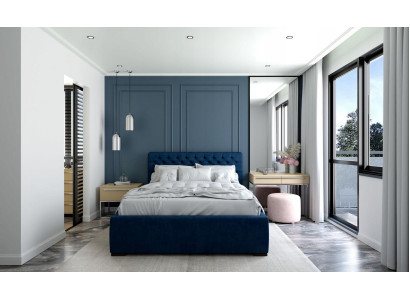 Bett Blau Modern Design Stoff Polster Schlafzimmer Doppelbett Holz Elegantes Neu