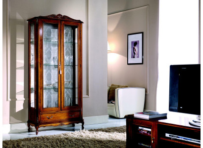 Designer Luxus Holz Vitrine Braun 2 Glas Türen 1 Schublade Italienische Möbel
