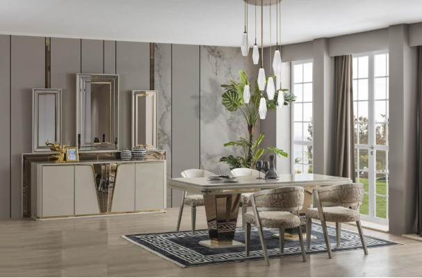 Essecke Luxus Essgruppe Esszimmer Esstisch Garnitur Stühle Beige 5tlg