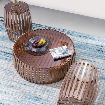 Designer Metall Edelstahl Couch Glas Tisch + Beistell Tische 2 tlg. Set
