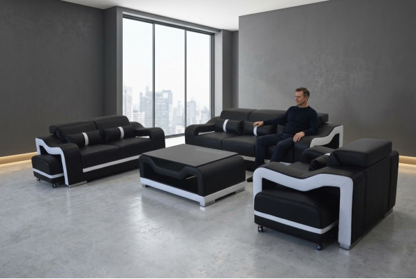 Sofa Leder Couch Polster Garnitur 3+2+1 Sitz Komplett Set Garnituren G8027D + Tisch