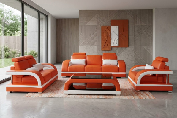 Sofa Couch Leder Polster Sitz Couch Garnitur 3+2+1 Tisch Set Design Sofas