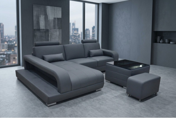 XXL Couch Leder Wohnlandschaft Garnitur Design Modern Sofa L-Form F3017C + Tisch