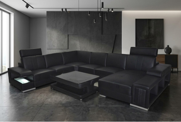 Leder Sofa Couch Polster Eck Sitz Garnitur Ecke couchen Wohnlandschaft +Tisch