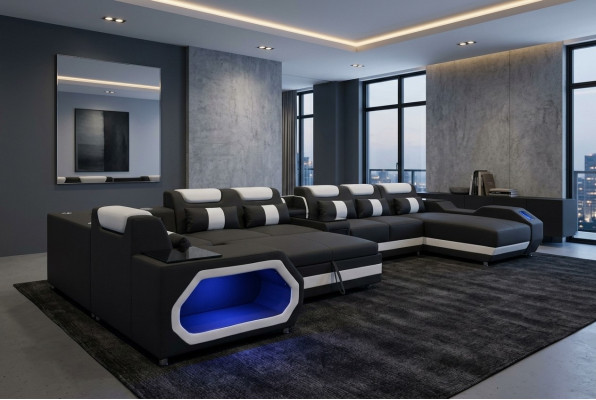 Design Leder Polster Sitz Ecke Zimmer Wohn Sofa Eck Sofas Bettfunktion Schlaf
