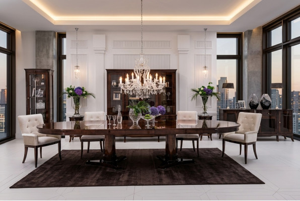Luxus Wohn Ess Zimmer Set 8 tlg Garnitur Tisch Anrichte Stühle Vitrine